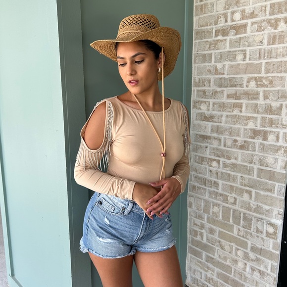 blue b Tops - Beige Cold Shoulder Top with Fringe Detail
